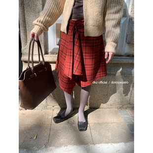 DKZ 红色复古格纹半身裙女秋冬新款不规则剪裁设计感a字裙