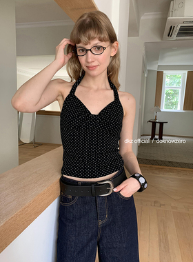 DKZ 黑色波点挂脖背心女夏季新款v领无袖上衣