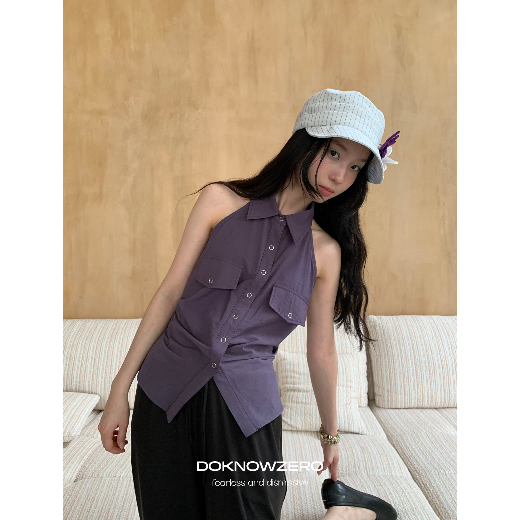 DKZ 紫色挂脖衬衫式背心女夏季新款腰间系带设计无袖上衣