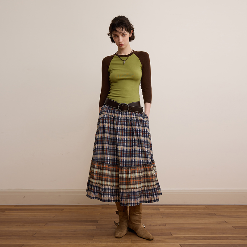 DKZ 天丝羊毛混纺撞色插肩袖t恤女秋季新款修身复古七分袖上衣