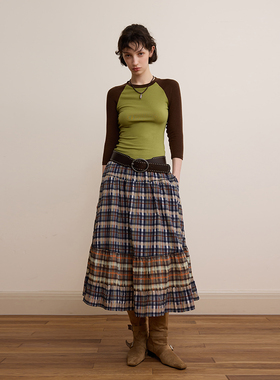 【现货】DKZ 天丝羊毛混纺撞色插肩袖t恤女修身复古七分袖打底衫