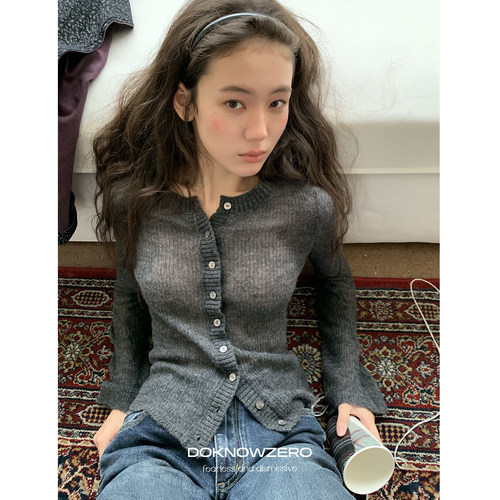 DKZ 羊驼毛绵羊毛针织开衫外套女秋季新款修身轻薄微透上衣