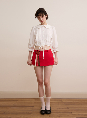 【明星同款】DKZ 白色复古法式宫廷风中袖短款衬衫春秋新品