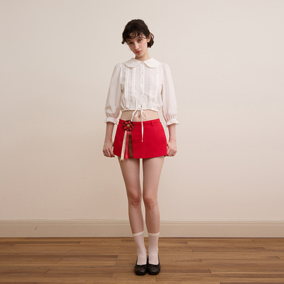 【明星同款】DKZ 白色复古法式宫廷风中袖短款衬衫春秋新品