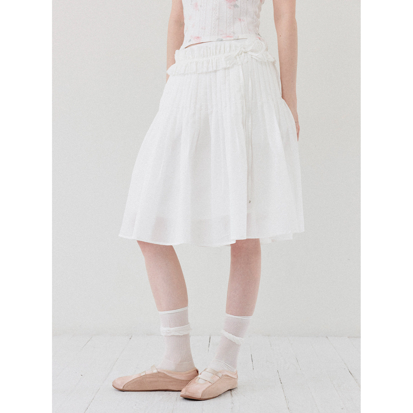 DKZ 白色褶皱伞裙女春夏新款宽松可拆卸腰带设计半身裙