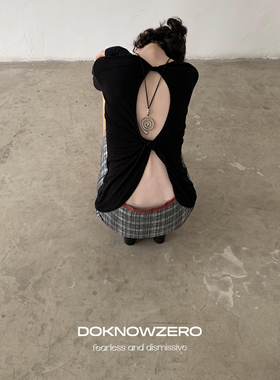 DKZ 长袖t恤女秋季新款后背帮绑结镂空设计上衣