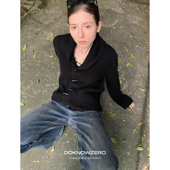 现货 DKZ 黑色英伦风羊毛混纺针织开衫 女秋冬新款 复古翻领毛衣