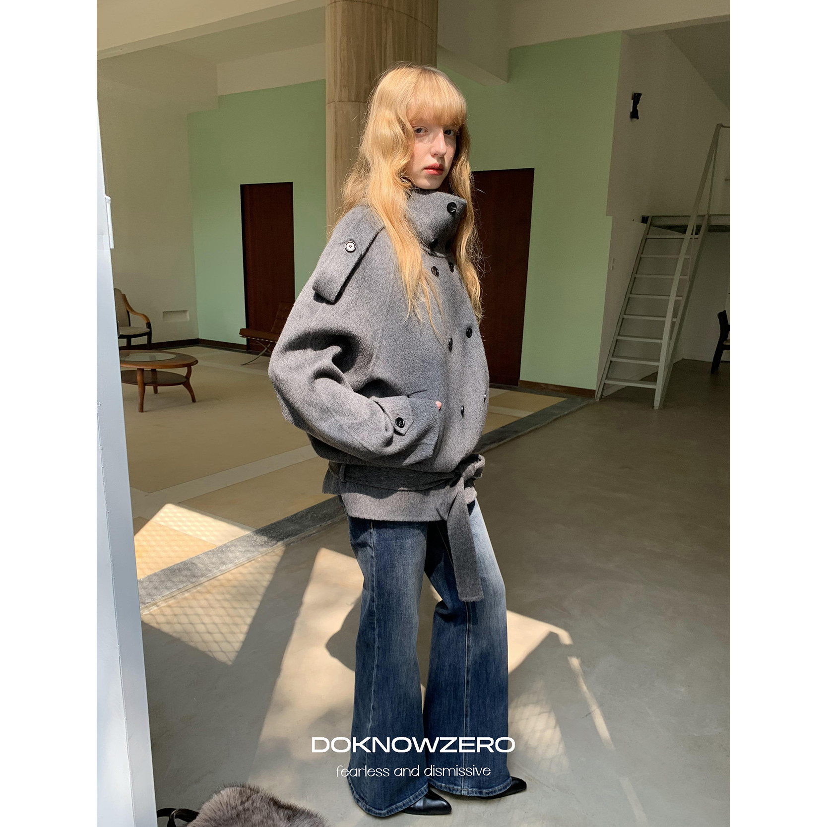 DKZ 100绵羊毛深灰色立领双面呢外套女冬季新款复古大衣