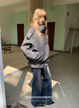 DKZ 100绵羊毛深灰色立领双面呢外套女冬季新款复古大衣