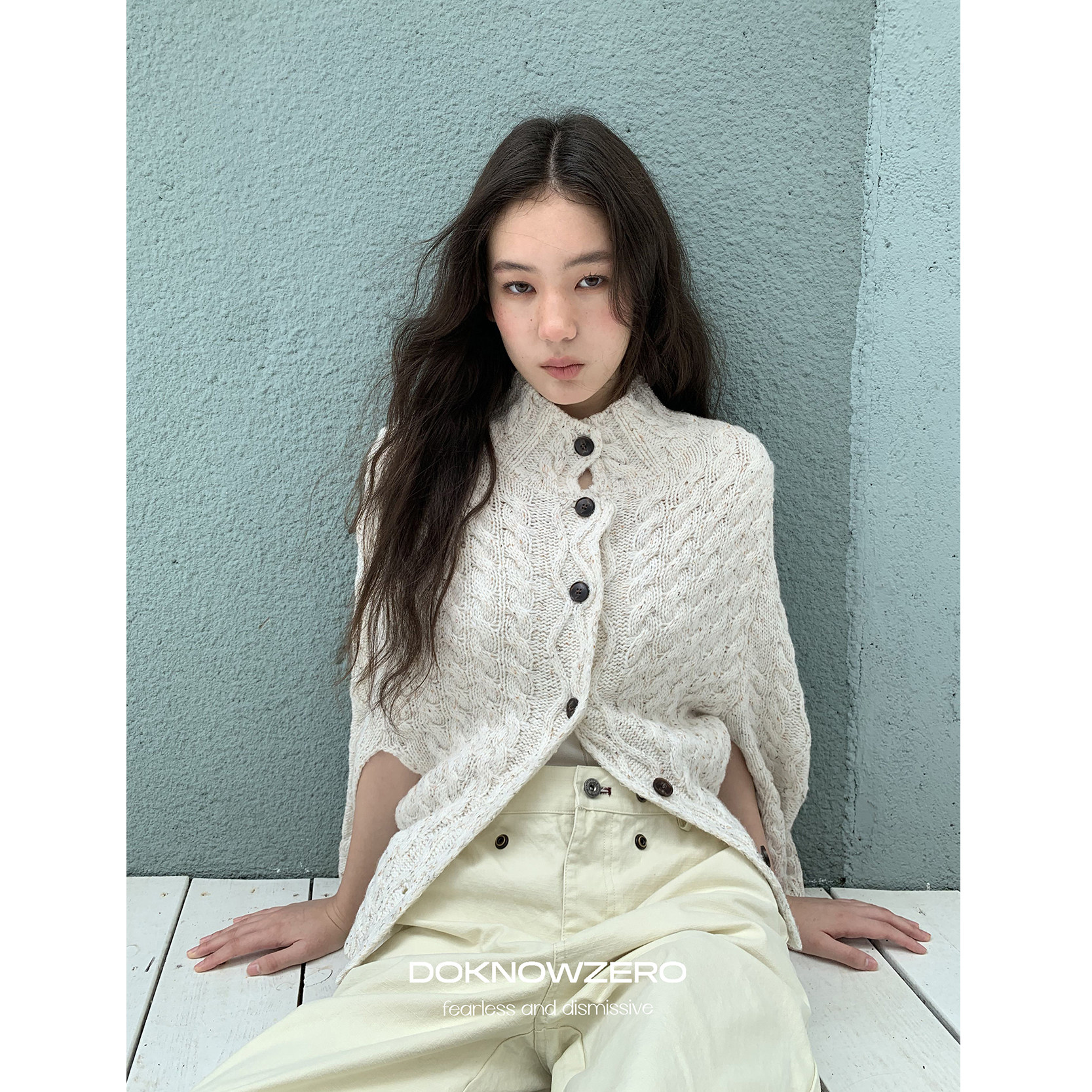 DKZ 粗针绞花针织斗篷开衫外套女秋季新款复古慵懒针织上衣