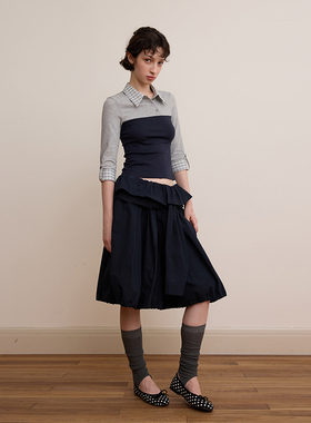 DKZ 假两件斜领设计中袖t恤女新款复古撞色格纹拼接上衣