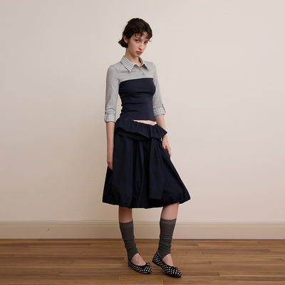 DKZ 假两件斜领设计中袖t恤女新款复古撞色格纹拼接上衣