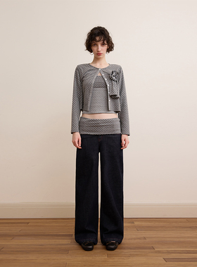 【现货】DKZ灰色波点开衫外套女秋季新款复古可拆卸花朵长袖上衣