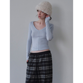 深v领蓝色长袖 上衣女秋冬新款 修身 DKZ 简约内搭打底衫