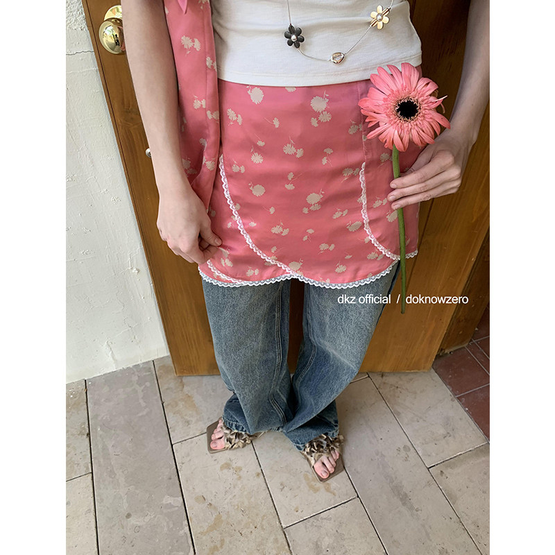 DKZ 粉色日本进口铜氨丝半身裙女夏季新款叠穿碎花结构设计裙子