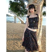 DKZ 宽松伞裙方巾三件套 新款 黑色方领印花短袖 t恤女夏季