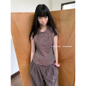 修身 DKZ 双排扣波点印花衬衣 女夏季 新款 棕色短袖 衬衫