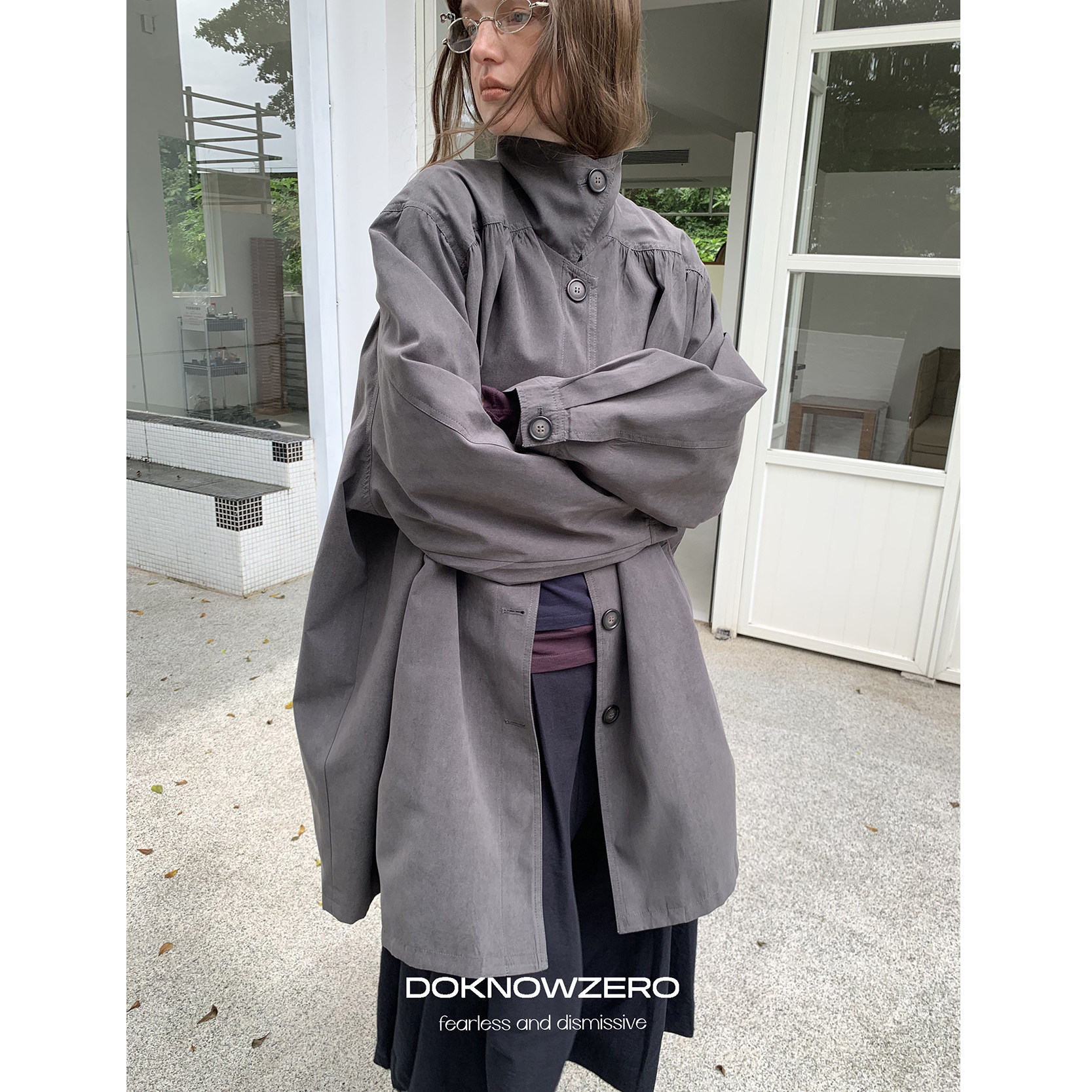 DKZ 绒感捏褶长款风衣女秋季新款宽松百搭休闲外套