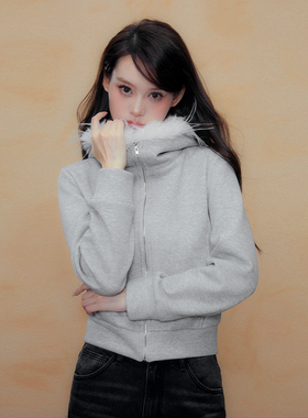 DKZ 灰色连帽加绒卫衣女秋冬新款小众休闲毛领开衫外套