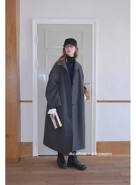 DKZ 灰色80羊毛大衣女秋冬新款宽松复古翻领长款毛呢外套