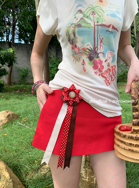 DKZ 红色半身裙女夏季新款两穿设计感可拆卸徽章a字裙裤