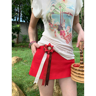 兩穿設(shè)計(jì)感可拆卸徽章a字裙褲 DKZ 紅色半身裙女夏季 新款