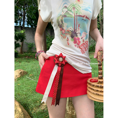DKZ 红色半身裙女夏季新款两穿设计感可拆卸徽章a字裙裤