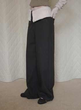 DKZ 翻边毛毛拼接休闲裤女秋冬新款复古棕色直筒长裤