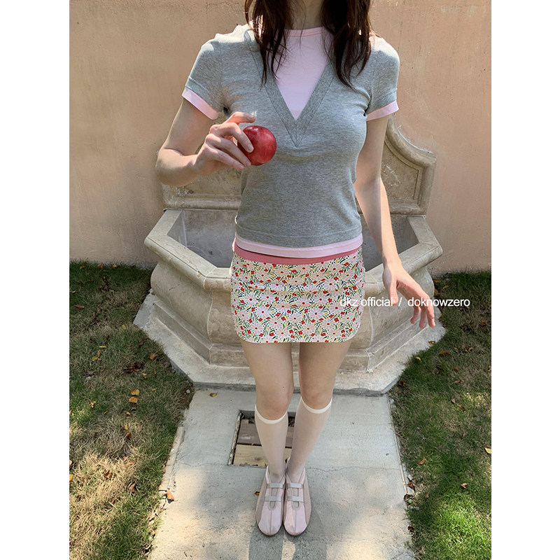 DKZ  粉色针织半身裙女夏季新款甜辣碎花印花直筒半裙