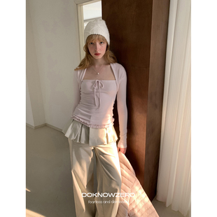 修身 DKZ 韩版 秋冬新款 假两件上衣 粉色莱赛尔绵羊毛混纺针织长袖