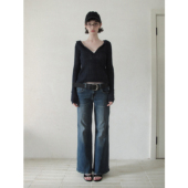 现货 DKZ深蓝色中低腰直筒牛仔裤 女秋季 复古修身 显瘦长裤