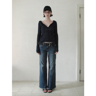 【现货】DKZ深蓝色中低腰直筒牛仔裤女秋季复古修身显瘦长裤