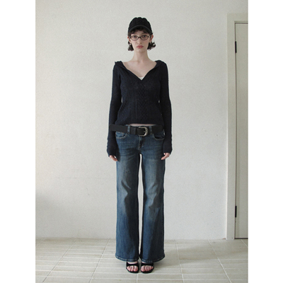 DKZ深蓝色中低腰直筒牛仔裤女秋季复古修身显瘦长裤