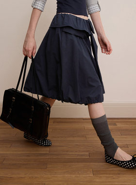 DKZ 黑色腰头绑结半身裙女秋季新款宽松褶皱设计感中裙