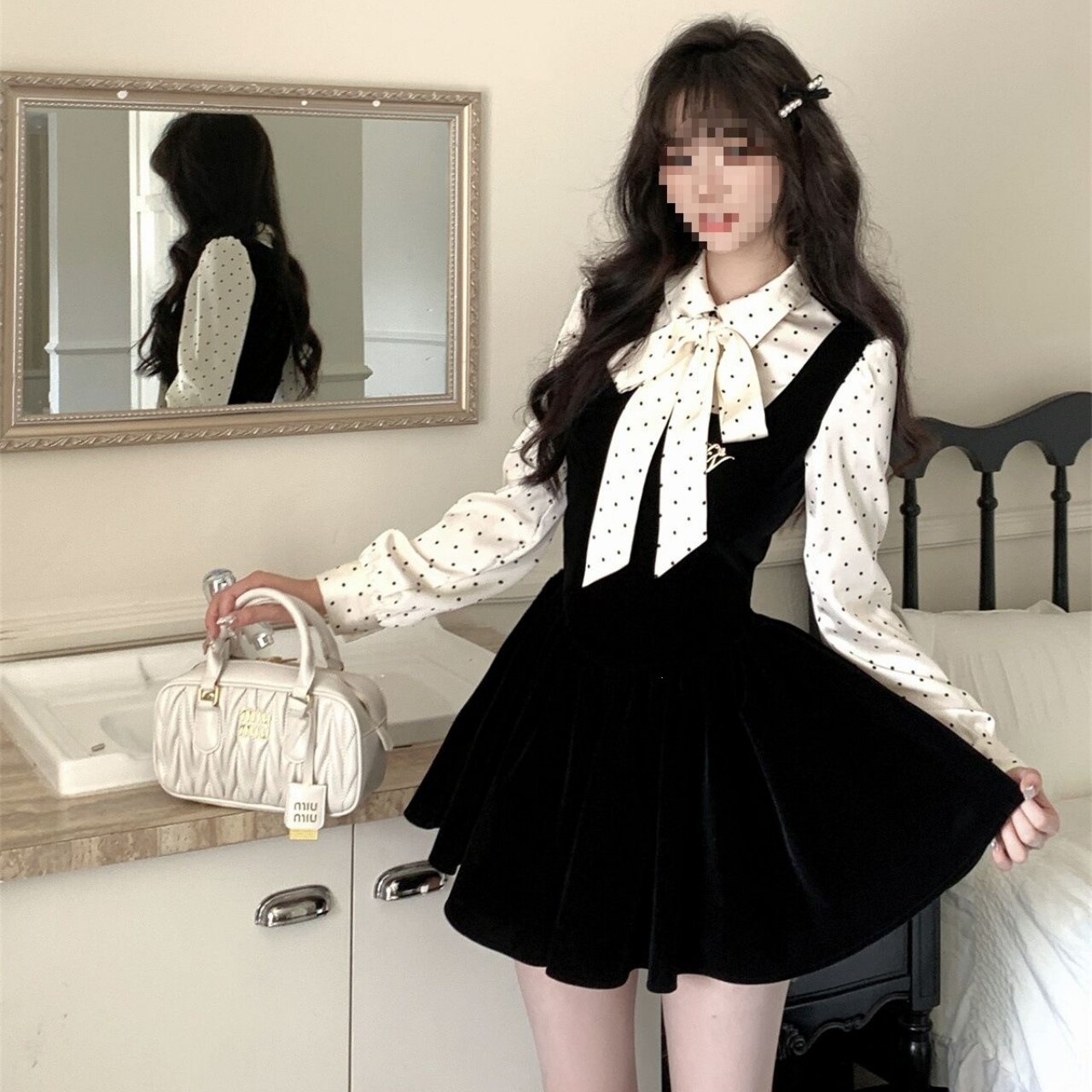 少女甜美丝绒连衣裙春季高级感小香风波点假两件收腰公主裙