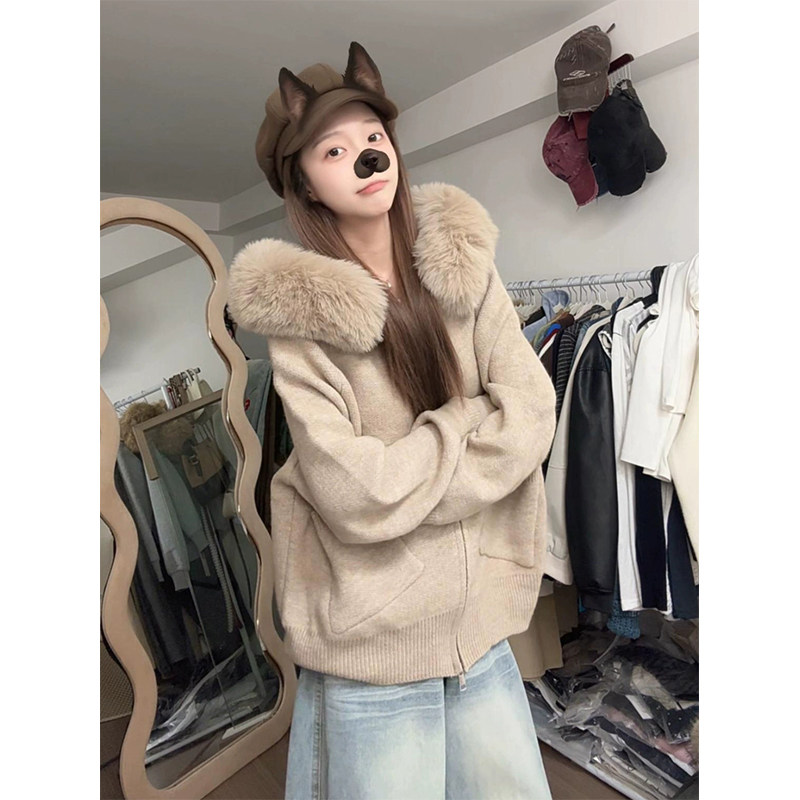 绵羊绒针织衫拉链开衫外套打底衫女秋冬毛领保暖毛衣上衣
