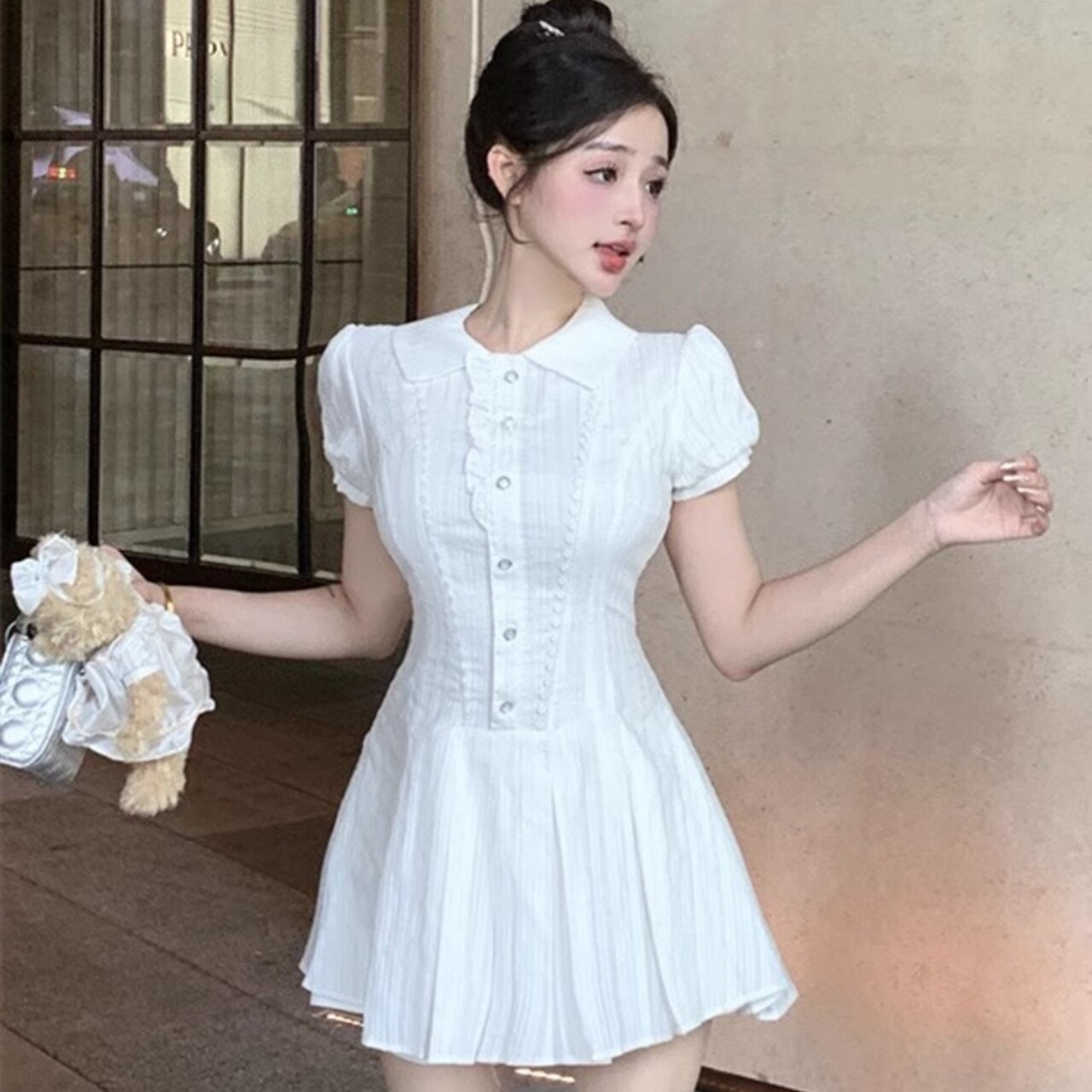法式温柔风白色短袖衬衫连衣裙女夏季学院风收腰显瘦POLO领A字裙