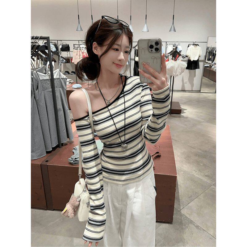 纯棉条纹辣妹长袖t恤女秋季2026韩版新款修身斜领露肩性感打底衫