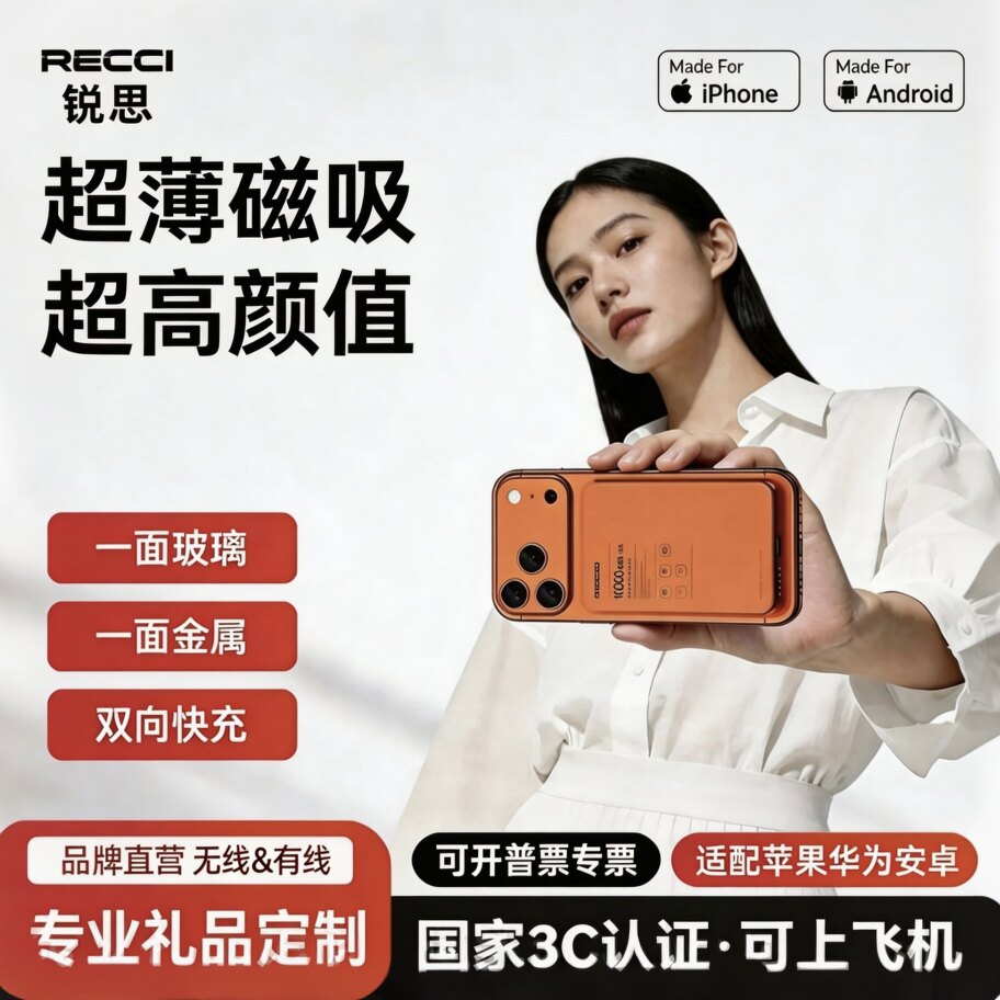 【国家3C认证】RECCI锐思礼品定制磁吸玻璃铝合金RPB-W35/RPB-W36