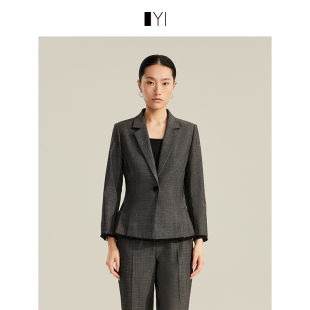 烟墨色细格绵羊毛一粒扣收腰短款 新款 西装 2024年秋季 外套 YI衣臻