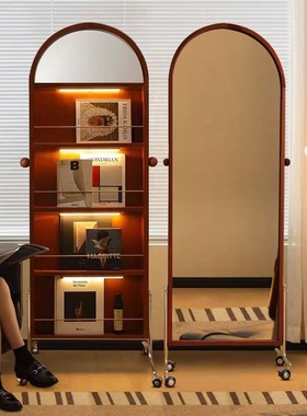 复古落地全身镜家用创意杂志书报置物架中古可移动实木试穿衣玄关