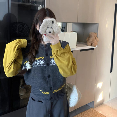 莓果春新韩系复古假两件设计感洋气百搭针织开衫保暖毛衣8976