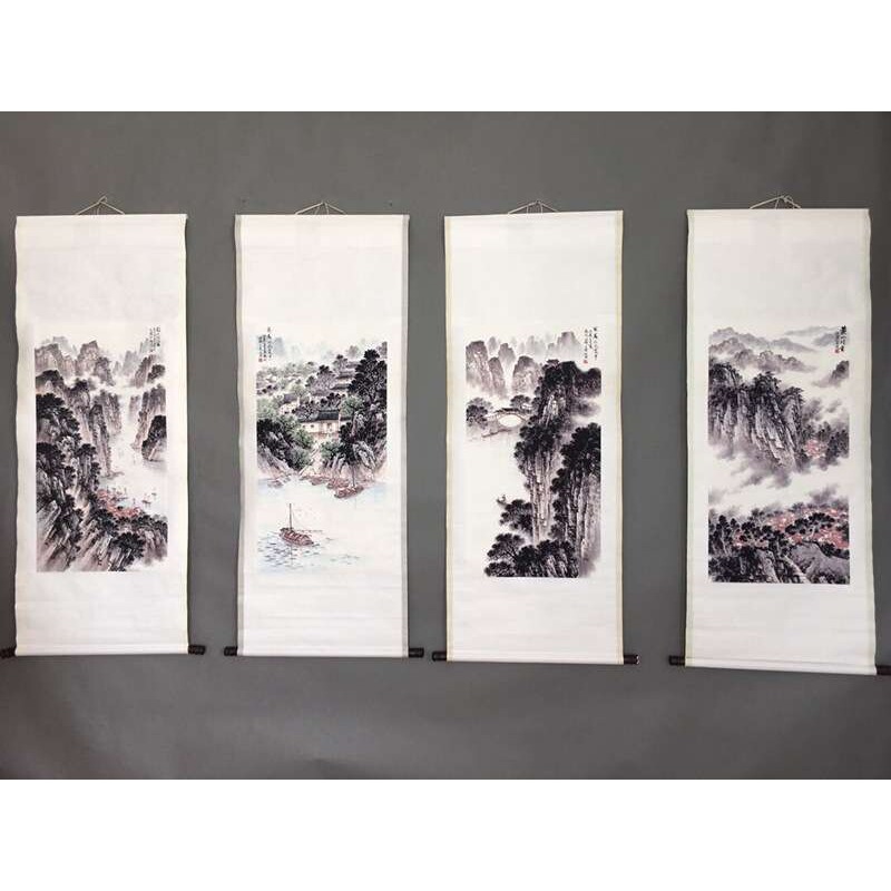 古董古玩宋文治山水画挂画字画中堂画四条屏装饰品摆件