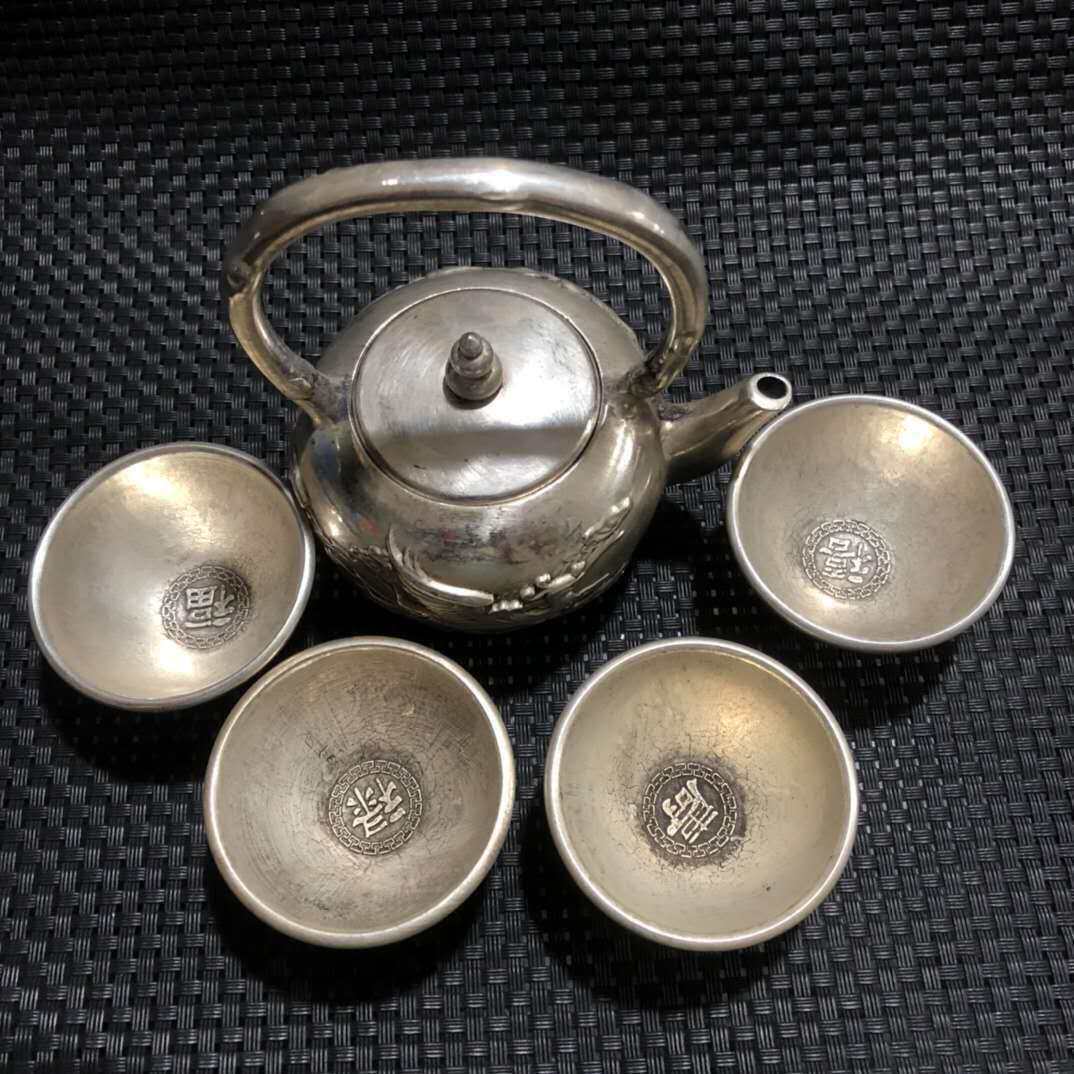 古玩杂件怀旧古玩老白铜镀银造茶杯茶壶一套