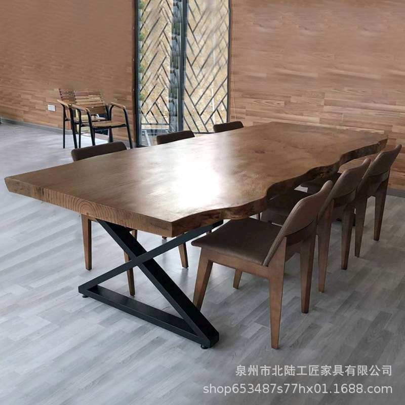 现代原木大板会议桌复古实木电脑桌设计师工作台loft工业风办公桌