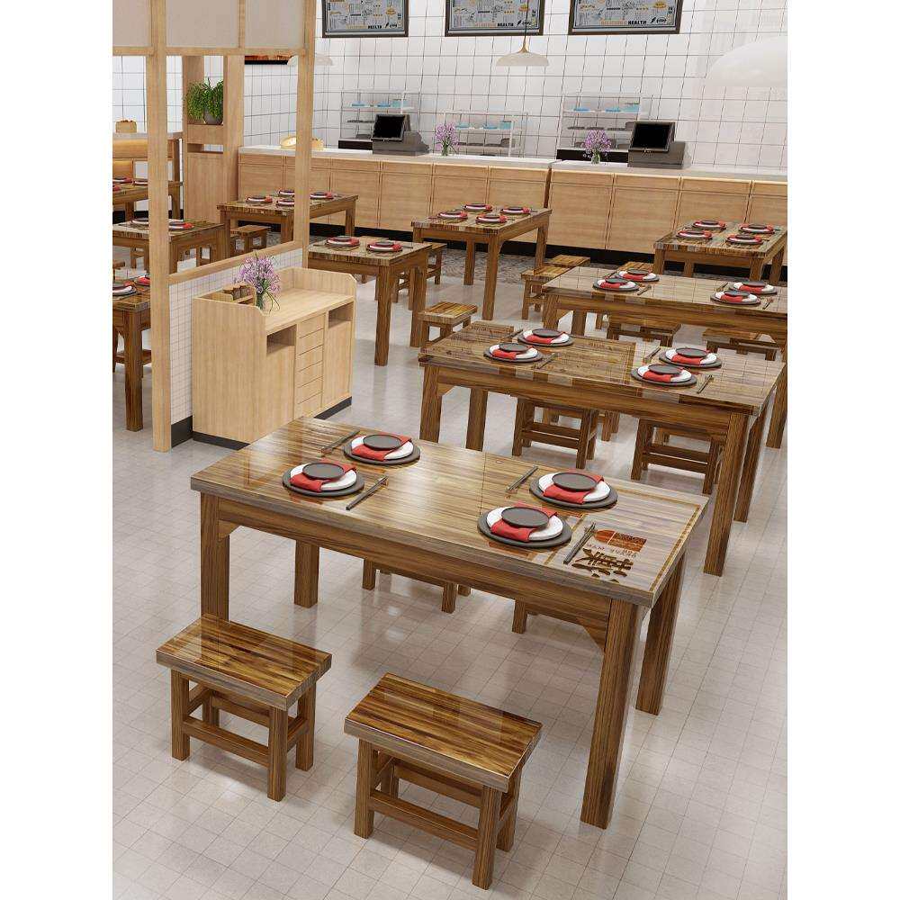 实木饭店桌椅餐桌面馆小吃店桌快餐桌椅组合餐馆食堂直销碳化餐桌