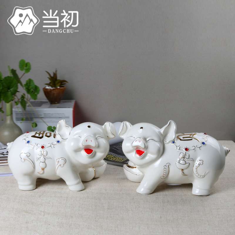 猪储钱罐创意陶瓷工艺品储蓄罐 福财对猪发财猪陶瓷罐家居摆件