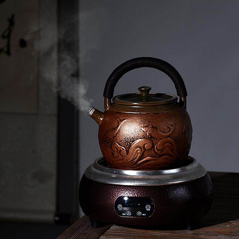 陶瓷鎏铜煮茶器提梁茶壶复古日式大号纯手工家用电热陶炉泡茶壶