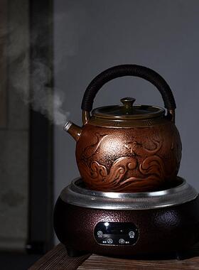 陶瓷鎏铜煮茶器提梁茶壶复古日式大号纯手工家用电热陶炉泡茶壶