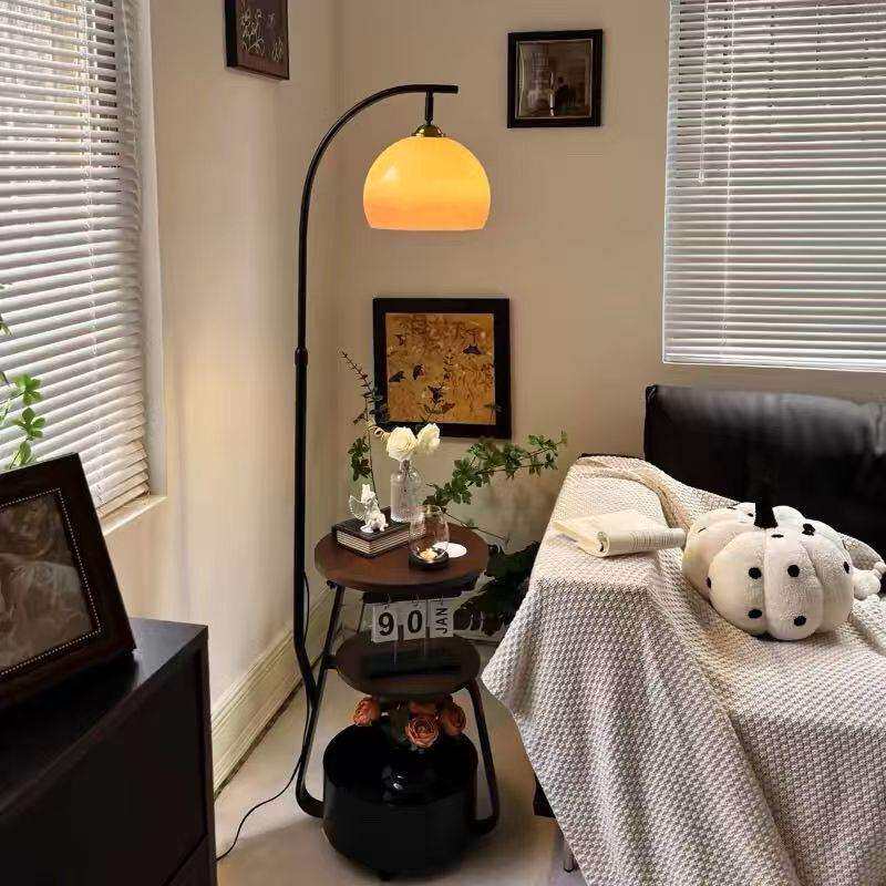 中古风柚子落地灯客厅沙发旁氛围感茶几美式复古卧室床头柜一体灯